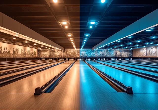 Vecchia foto in bianco e nero di un bowling vintage accostata a una moderna
