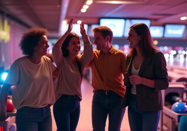 Gruppo di amici che festeggia uno strike durante una competizione di lega