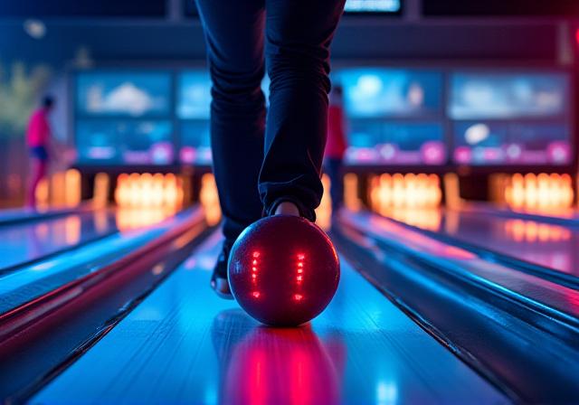 Giocatore di bowling professionista in posizione di lancio corretta