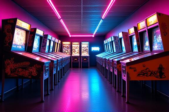 Area arcade con luci neon, flipper e videogiochi vintage
