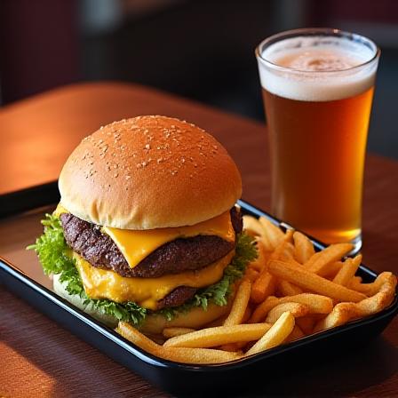 Vassoio con hamburger, patatine e birre alla spina sul bancone del bar
