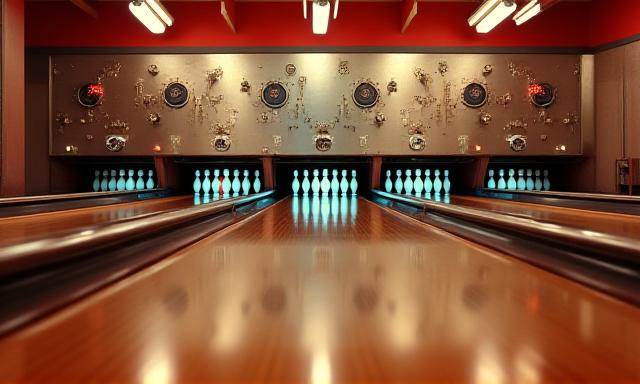 Interno di una pista da bowling d'epoca con meccanismi a vista